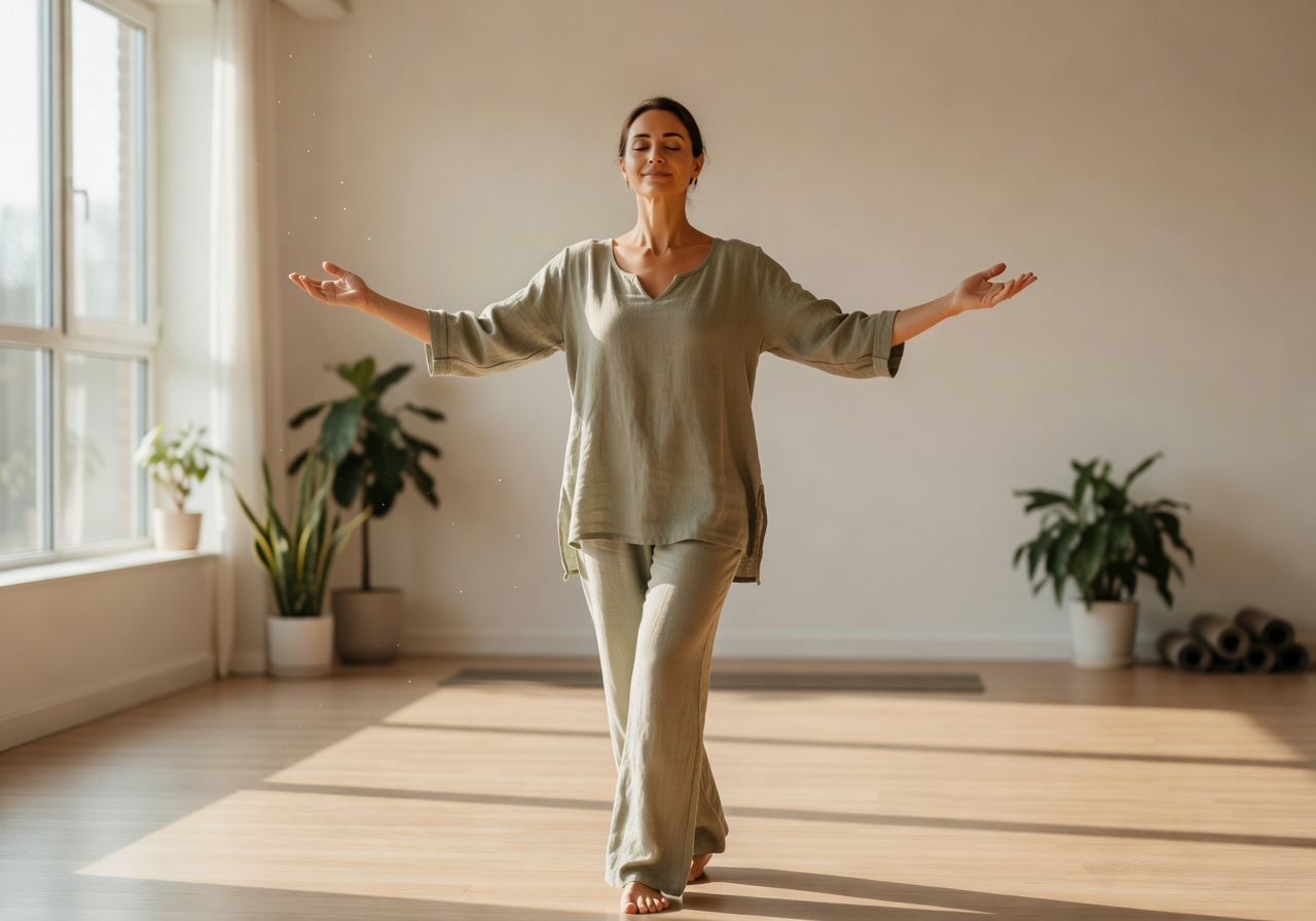 Calm wellness instructor holding a holistic pose
