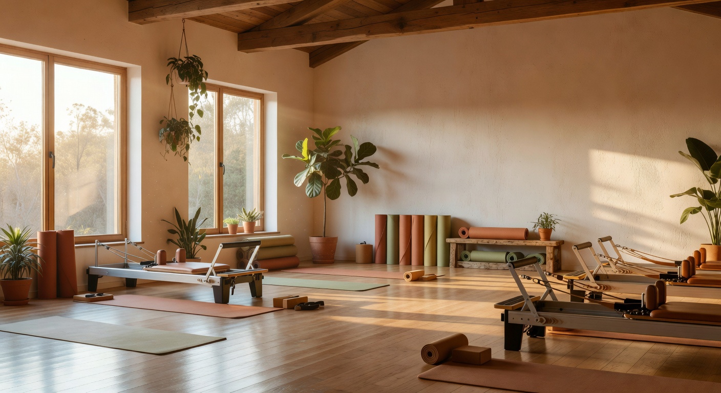 Warm, sunlit yoga and pilates studio interior