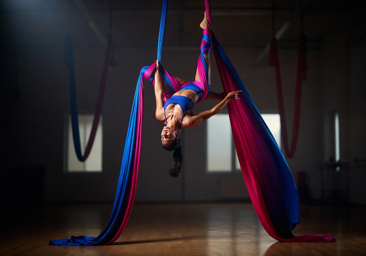 Woman practicing aerial arts on silk hammocks